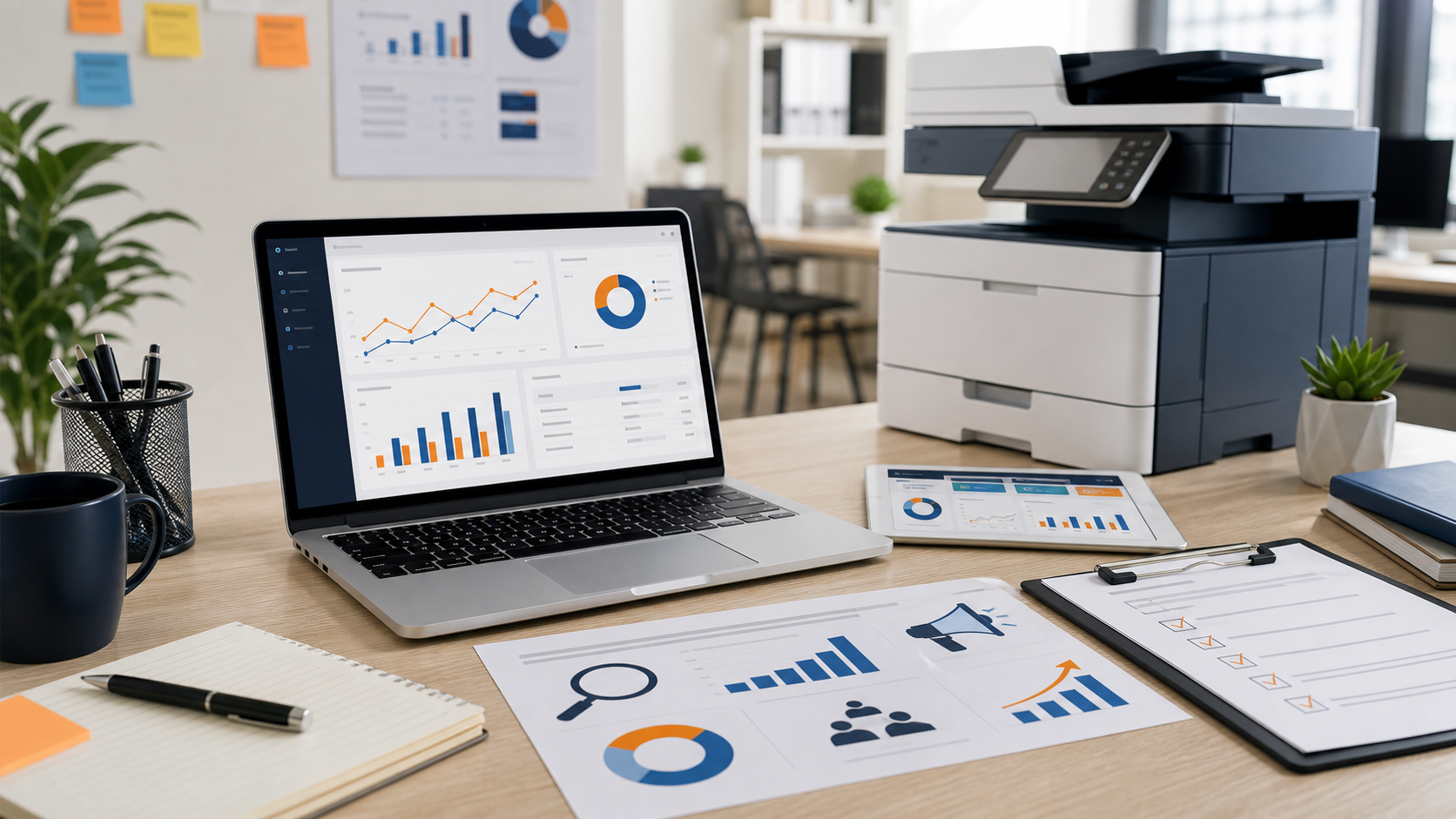 Digital marketing analytics and printer setup workspace